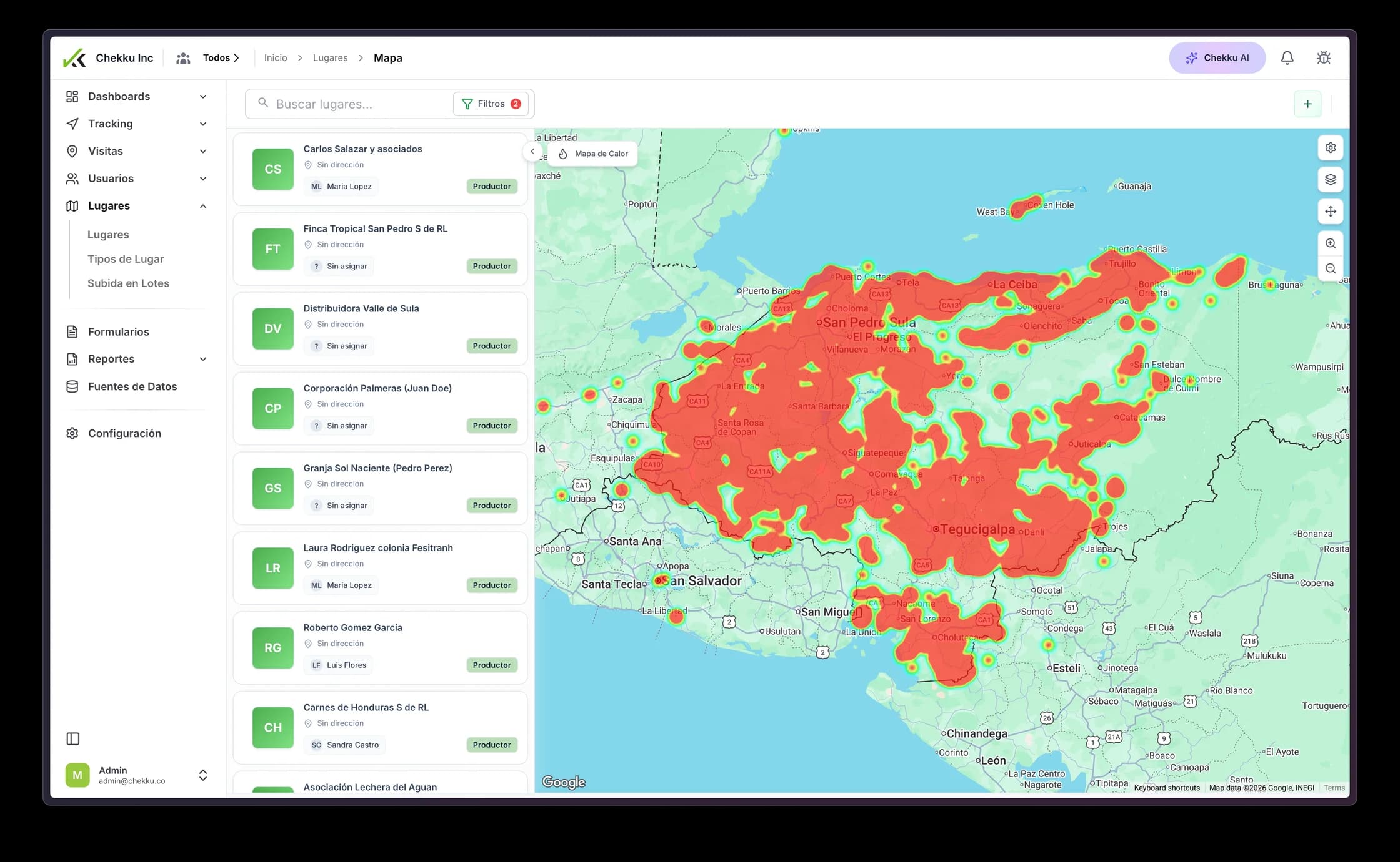 Chekku map of places with a heat map overlay for territory analysis